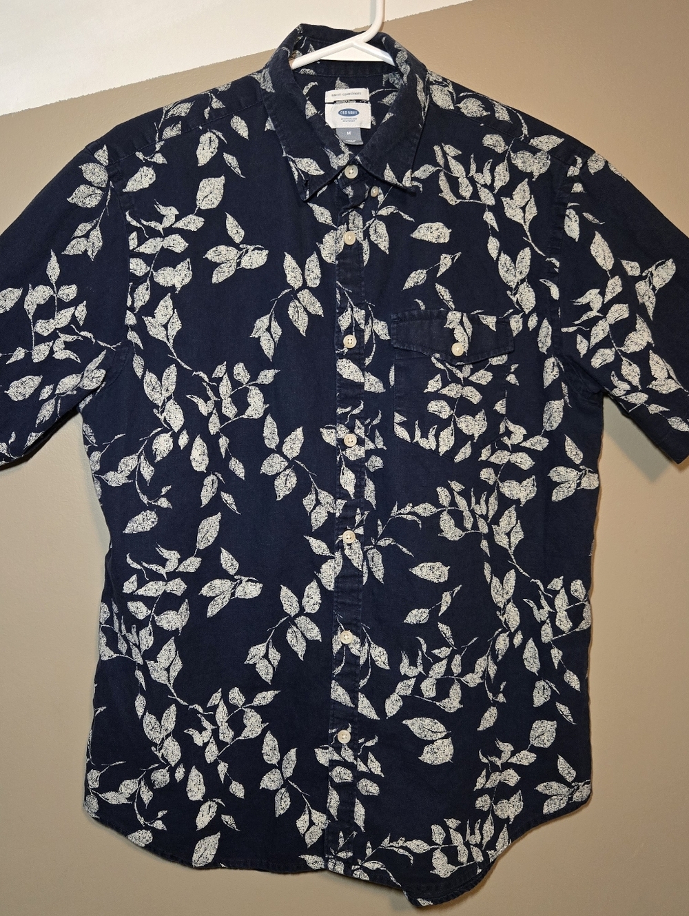 Old Navy Men's Navy Blue Short Sleeve Linen Cotton Blend Button Slim Fit Medium